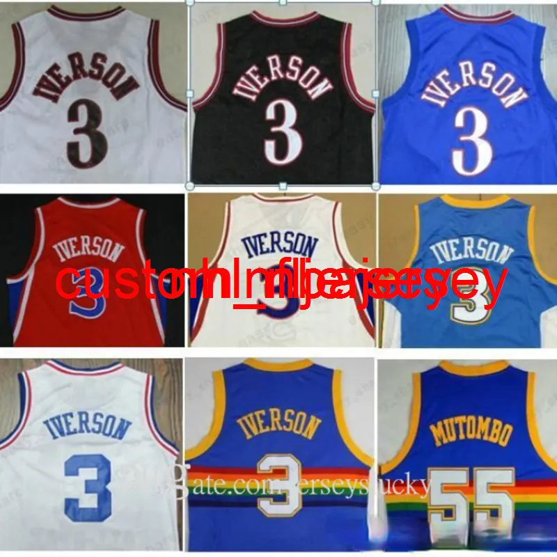 En iyi Toptan Georgetown Mavi Hoyas Gri Sportwear Üniformaları Nakış Allen Iverson Jersey Ucuz Dikembe Mutombo Gömlek Dikişli