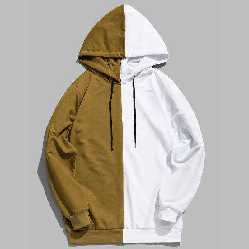 Mens Half Black And Half White Patchwork Cotton Color Block Hoodie