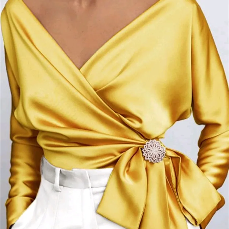 フォンダ女性ファッションブラウスエレガントなシャツソリッドセクシーVネックトップスプリングロングスリーブカジュアルパーティーチュニックブルサブローチ220725