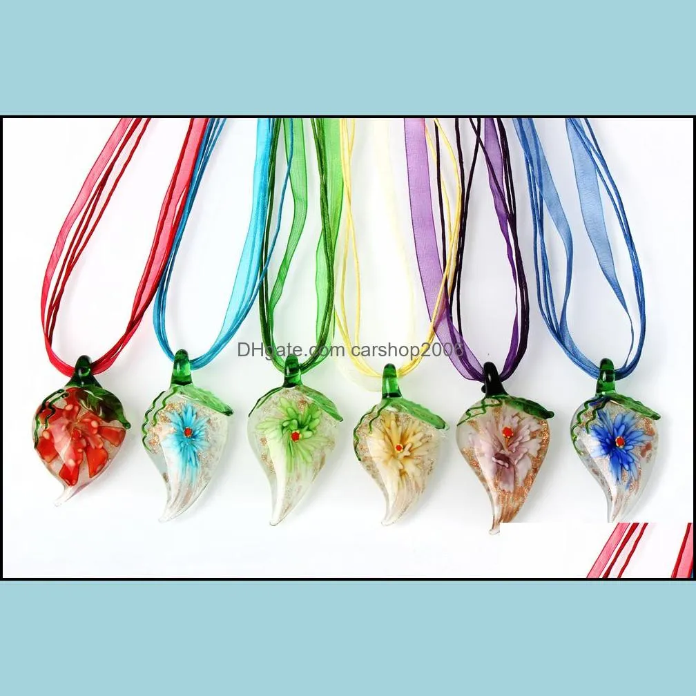 handmade lampwork glass murano inner flower pendant necklaces rope silk necklace trendy party jewelry women 6color