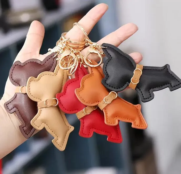 French Dog Car Key Chains Buckle Puppy Bulldog Pendant Keychains Rings Holder PU Leather Animal Charms Cartoon Mens Jewelry Accessories for Women Bag Keyrings