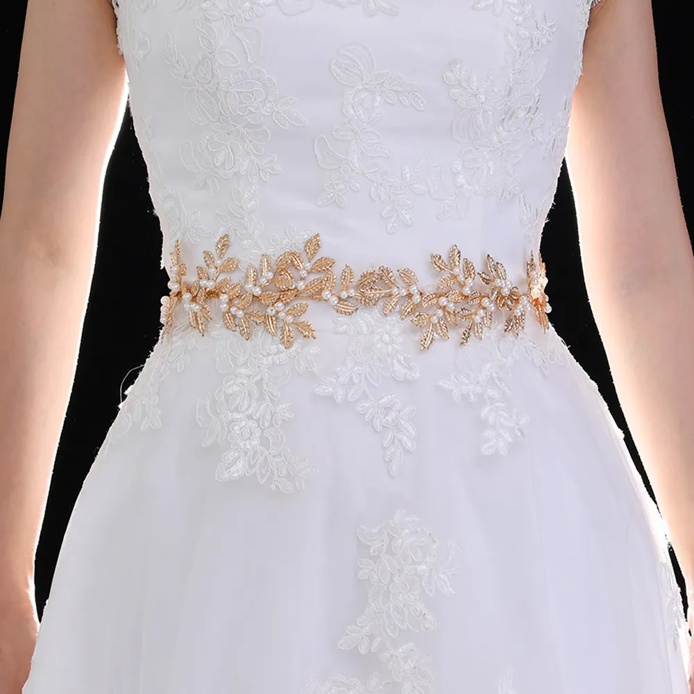 Bröllopssashes Pearl Bride Dress Belt Golden Leaves Bridesmaid Dress Belts For Women Elastic Embellished Midjan