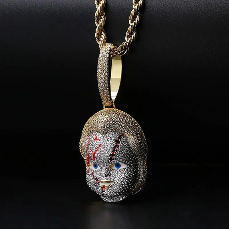 Collane con ciondolo Hip Hop Micro pavé di zirconi cubici Bling Out Gold Childs Play Seme di Chucky Collana con pendenti per uomo Rapper Jewelrypenda