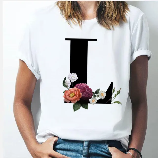 26 Top T-shirt da donna con lettere dell'alfabeto Ragazza dalla A alla Z Combinazione di fiori Top casual in stile coreano a maniche corte