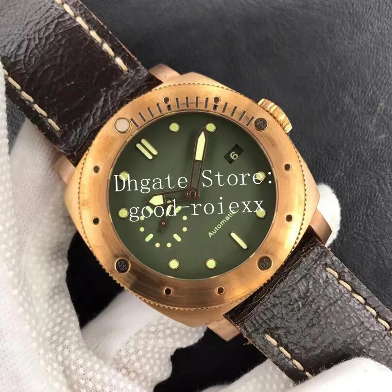 47 mm horloges heren bronzen horloge groene wijzerplaat heren automatische Cal.P.9000 beweging 382 officine leer VS Pam VSF saffier kalender 3 dagen Firenze polshorloges