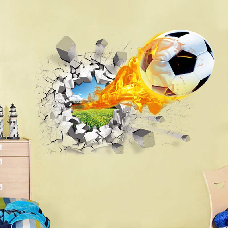 3D Broken Sport Wall Decals - Basketball, Football, Soccer Wall Art For Boys Room, Removable Vinyl Stickers