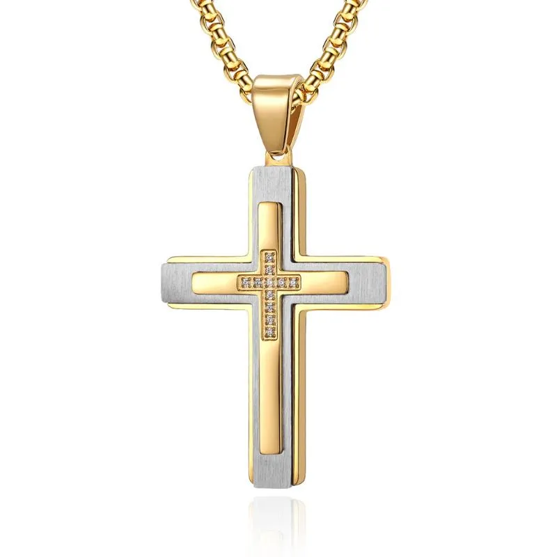 Pendant Necklaces Body Jewelry Wholesale Stainless Steel Multi Layer Zircon Setting Gold Cross Necklace For Men 43.5 29MMPendant