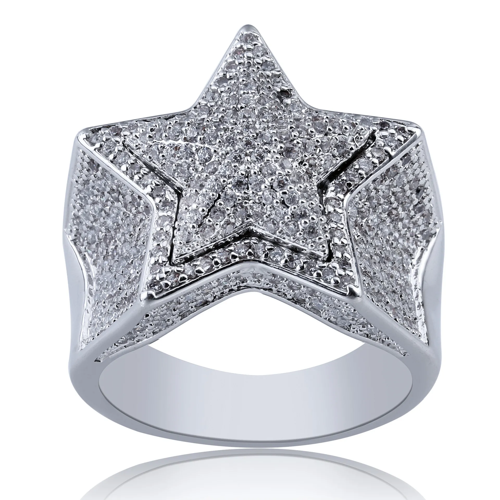 Män Ring Kvinnor Hip Hop Rapper 14K Guldplätering Ringar För Man Fashion Fem-Spetsig Star Hiphop Silver Ring Bling 3A Cubic Zirconia Stone Mäns Smycken