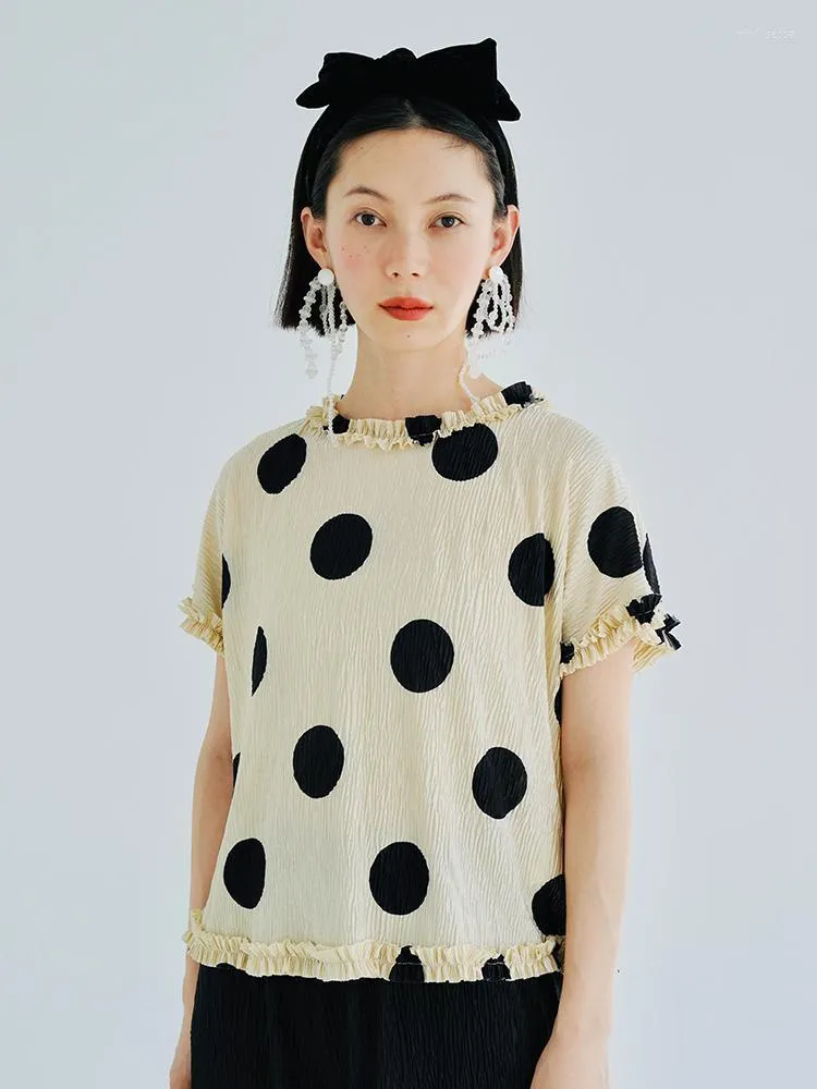 Женская футболка Imakokoni Оригинальная свободная круглая кружевные кружевные кружевные кружевы в горошек с коротки