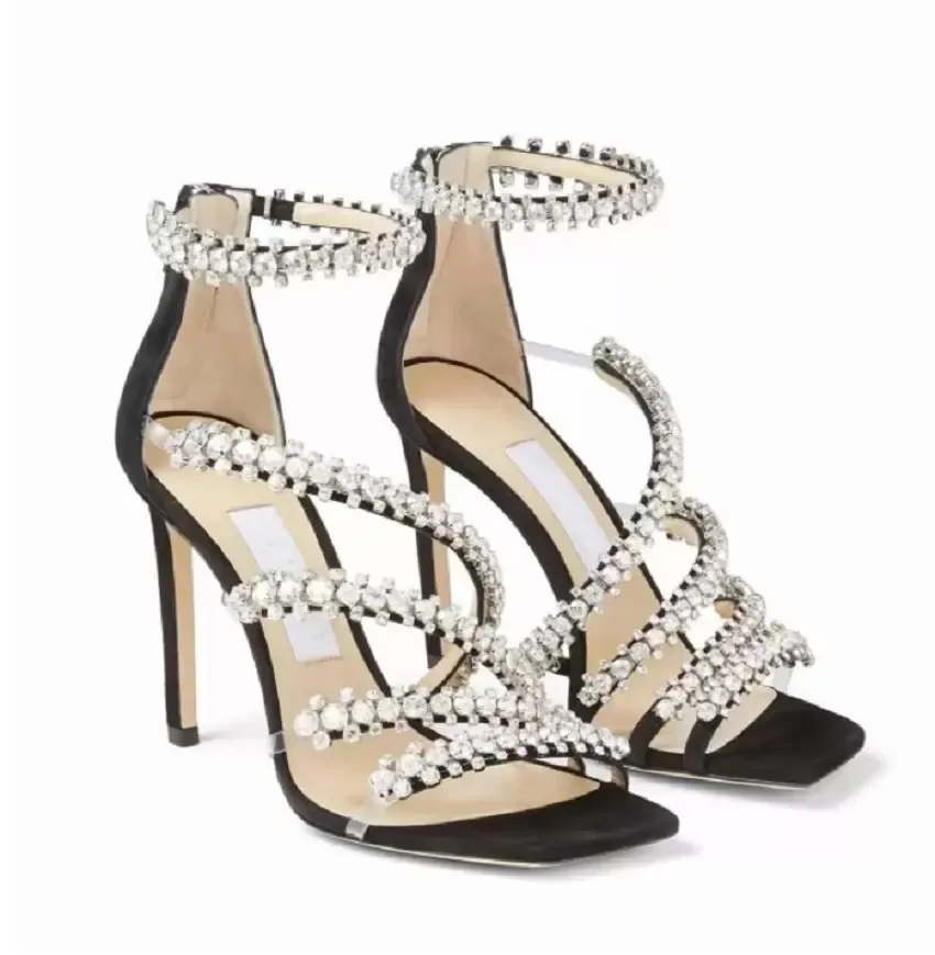 2022 Summer Josefine Crystal Strap Sandália PVC Camurça Curra Mulheres Sexy Sandalias Mujer Lady High Sales Vestido Partamentação Sapatos de Casamento S Sapatos