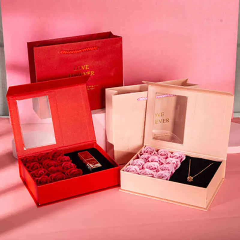 20PCS Confezione regalo di gioielli squisiti Eternal Rose Soap Flower Wedding Ring Orecchini Collana San Valentino Confezione di gioielli Scatole regalo G220415