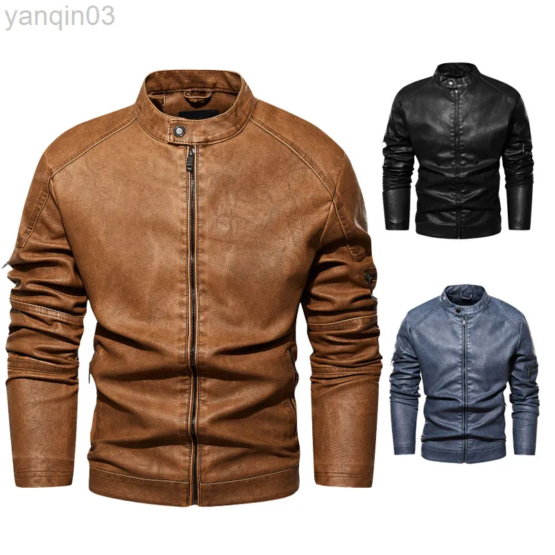 Herbst und Winter Neue lässige Slim Tops Männer Motorrad Biker Leder Jacke Cowboy Reißverschluss Jacke L220801