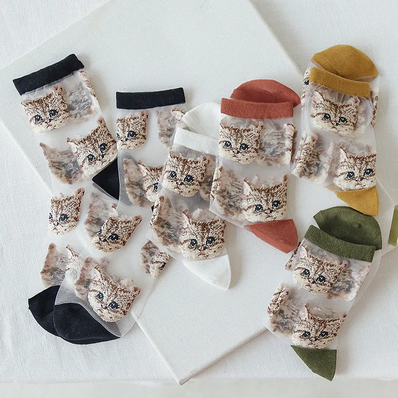 Nyaste kristallsilkvatten strumpor kvinnor gril harajuku rolig djur katt roliga glada kvinnliga strumpor avslappnad hög kvalitet transparent sox