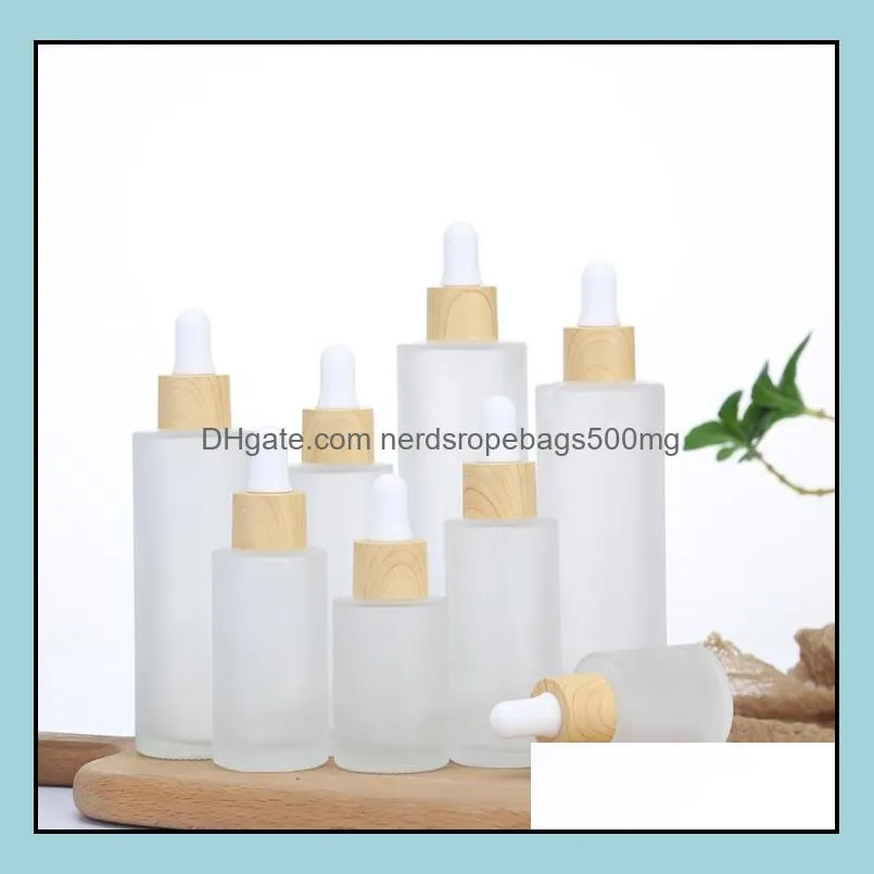 Natural Bamboo Caps Frosted Glass Dropper Bottles with Empty Essential Oil Packaging Container 20ml-100ml RRF12815