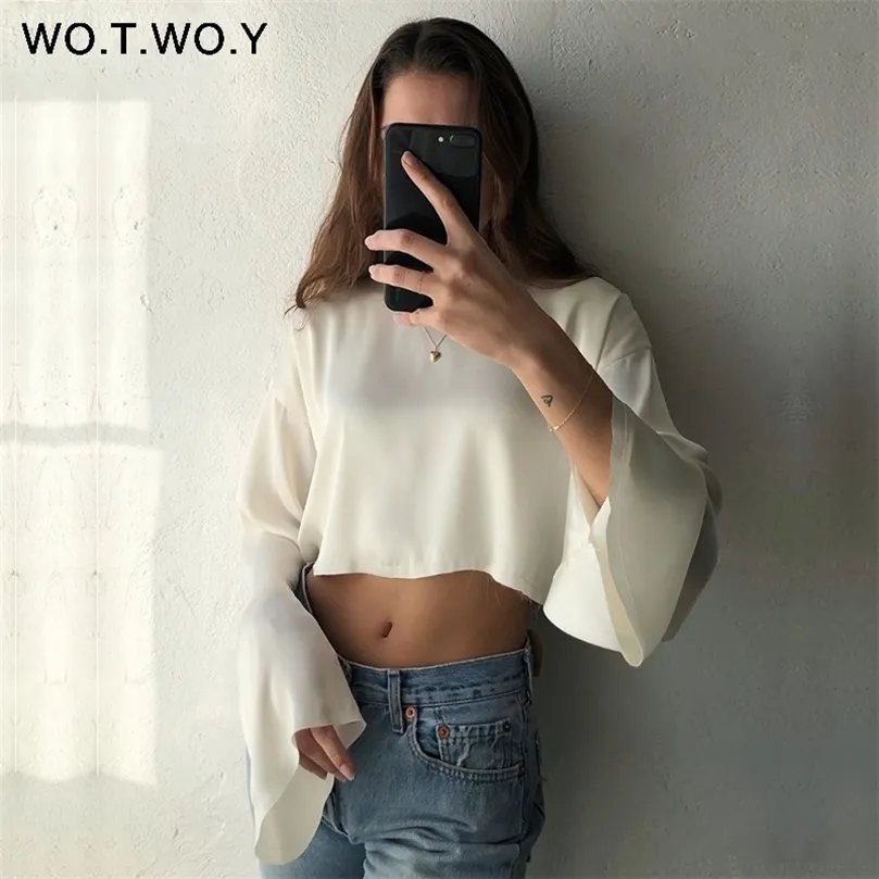 WOTWOY Summer Silk Crop Top Donna High Street Flare Sleeve Camicette in chiffon Donna Camicetta bianca ombelico Camicia Donna Blusa 210308