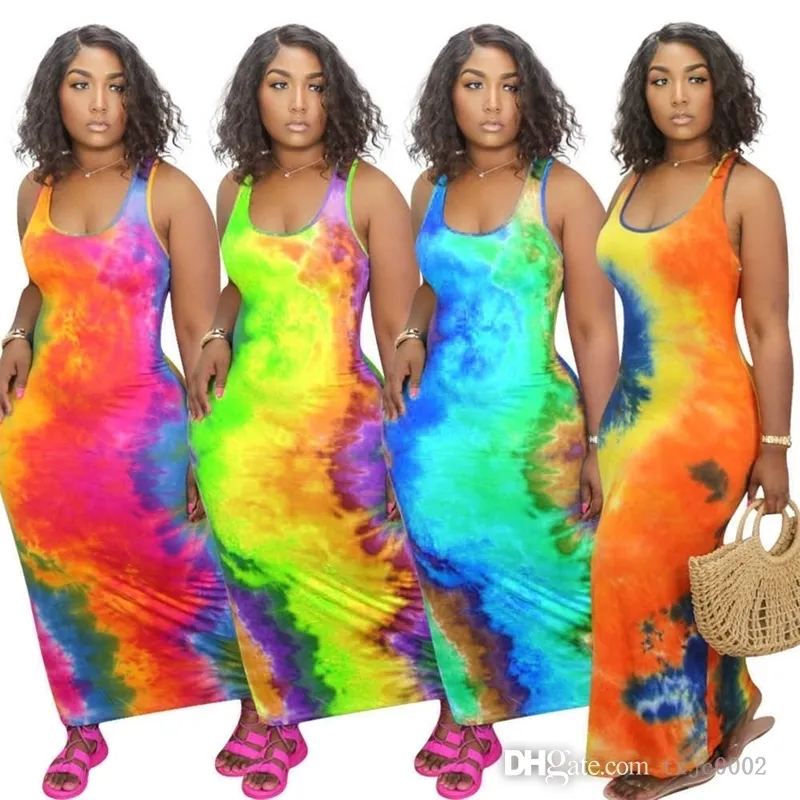 4xl 5xl Maxi платья для женщин -дизайнер -дизайнер плюс одежда Sexy U Nece Tie Gye Dye Donateless Long Bodycon платье 4 цвета