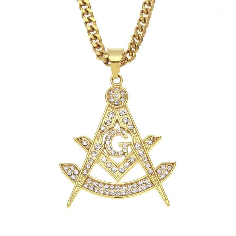 Pendant Necklaces Hip Hop Bling Iced Out Rhinestones Gold Stainless Steel Masonic Freemasonry Necklace For Men Rapper Jewelry