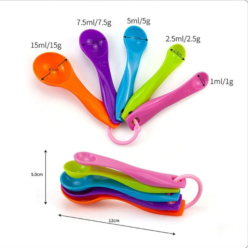 Spot colorful thickened measuring spoon hanging ring five-piece plastic baking utensils double-scale measuring milk powder seasoning spoon