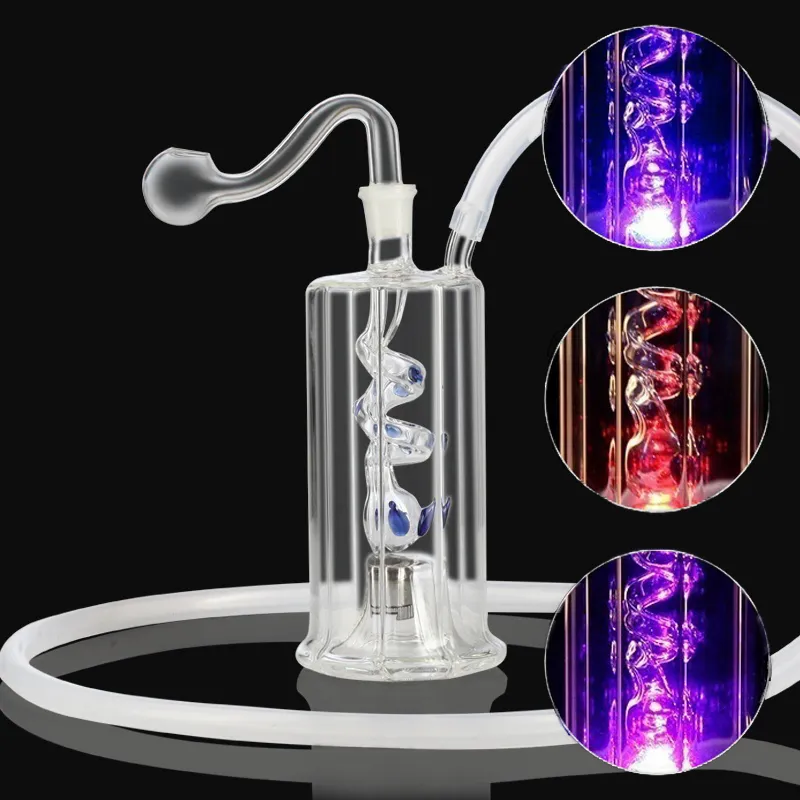 Led Hookah Glass Pipe Automatic Color Change Light Dab Rig Percolater Bubbler Water Pipes Portable Shisha Oil Hookahs with oil bowl hose for Smokers 6.1 inch