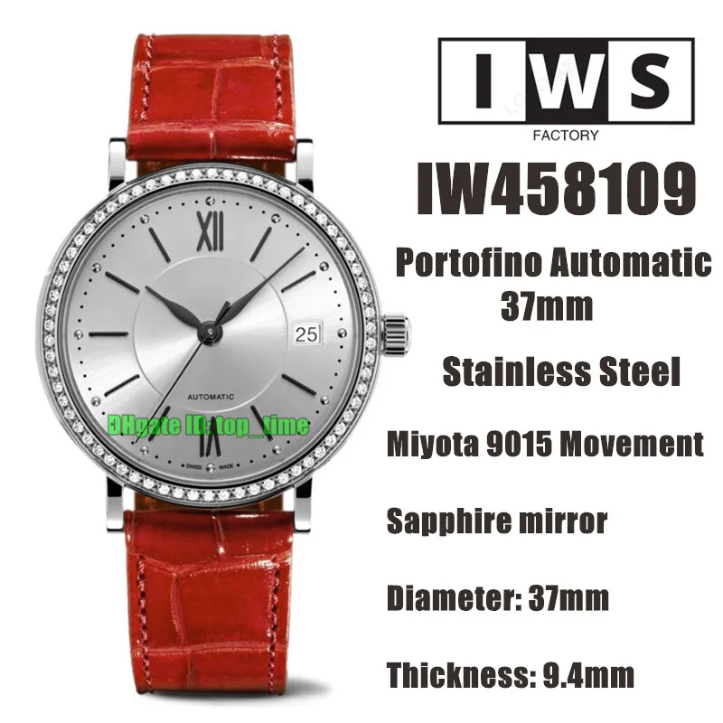 IWSF Hochwertige Uhren 37 mm Edelstahl Miyota 9015 Automatik Damenuhr 458109 Diamantlünette Silbernes Zifferblatt Lederarmband Damenarmbanduhren