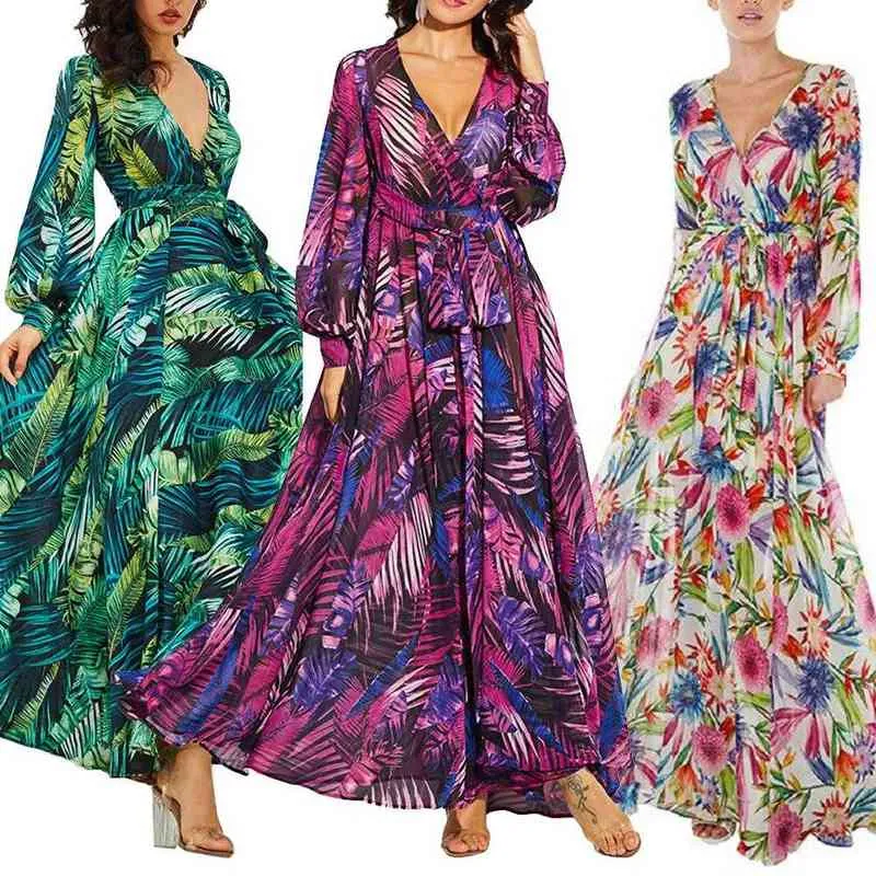 Plus Größe Böhmen Strand Tragen Frauen Elegante Bunte Blätter Drucken V-ausschnitt Lange Laterne Hülse Party Maxi Kleid L220705