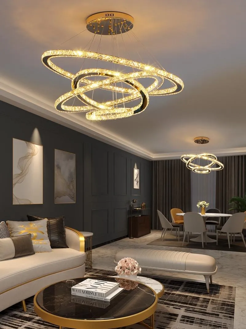 Pendant Lamps Modern Crystal LED Chandelier For Living Room Dining Kitchen With Remote Control Gold Ring Hanging Lighting Circle LampPendant