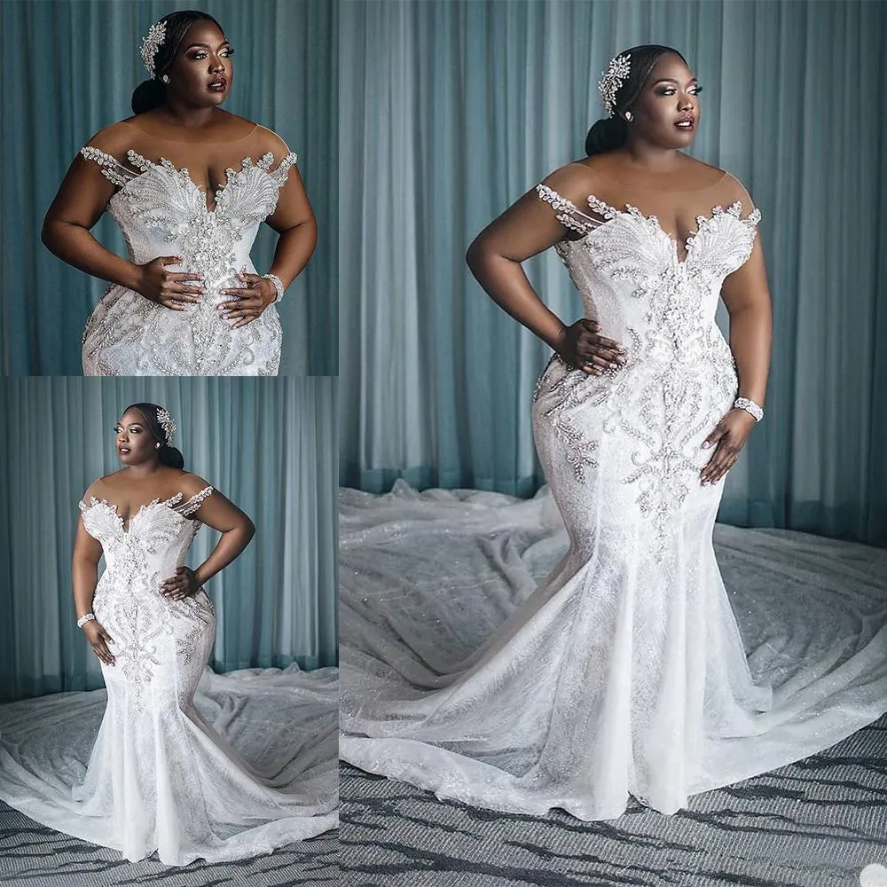 Plus Size Wedding Dress vestido de novia African Crystal Mermaid Bride Dresses with Long Train Sheer Neck Custom Made Bridal Gowns