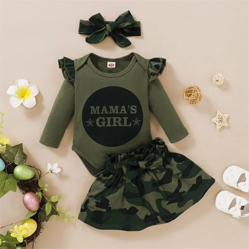 Babymeisjes kleren babyjongen outfits letters papa's meisje lange mouw romper camouflage rok broek hoofdband sets lj201223