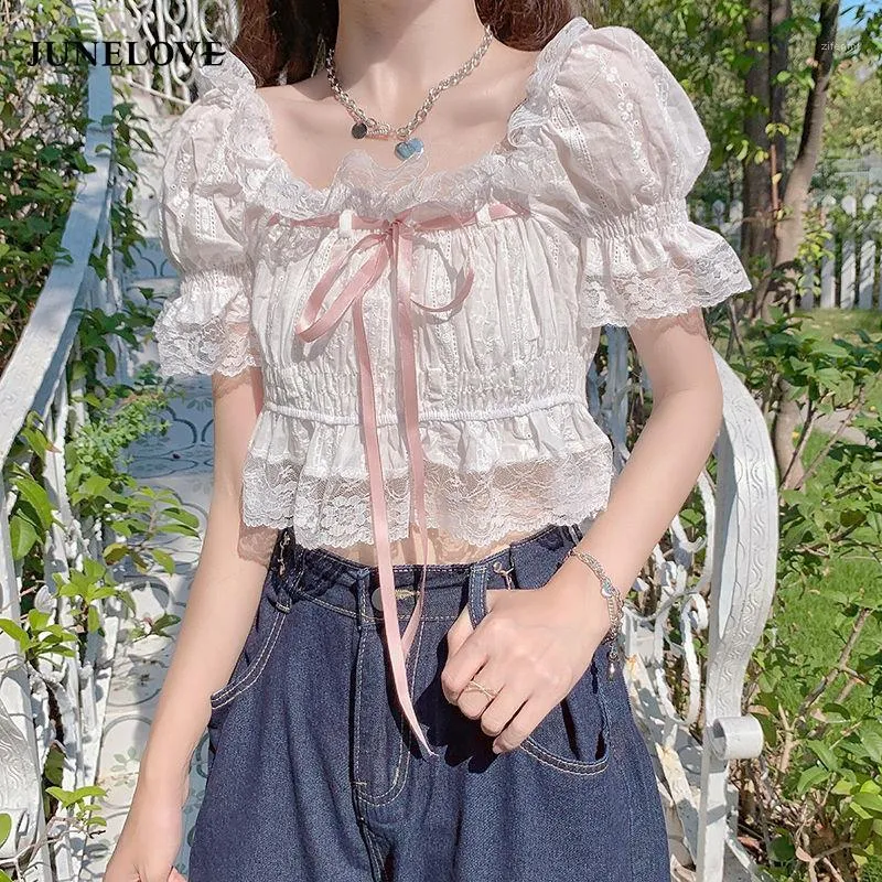 Women's Blouses & Shirts Summer White Sweet Blouse Tops Women 2022 Lace Designer Kawaii Casual Shirt Chiffon Short Sleeve Party Elegant Cute