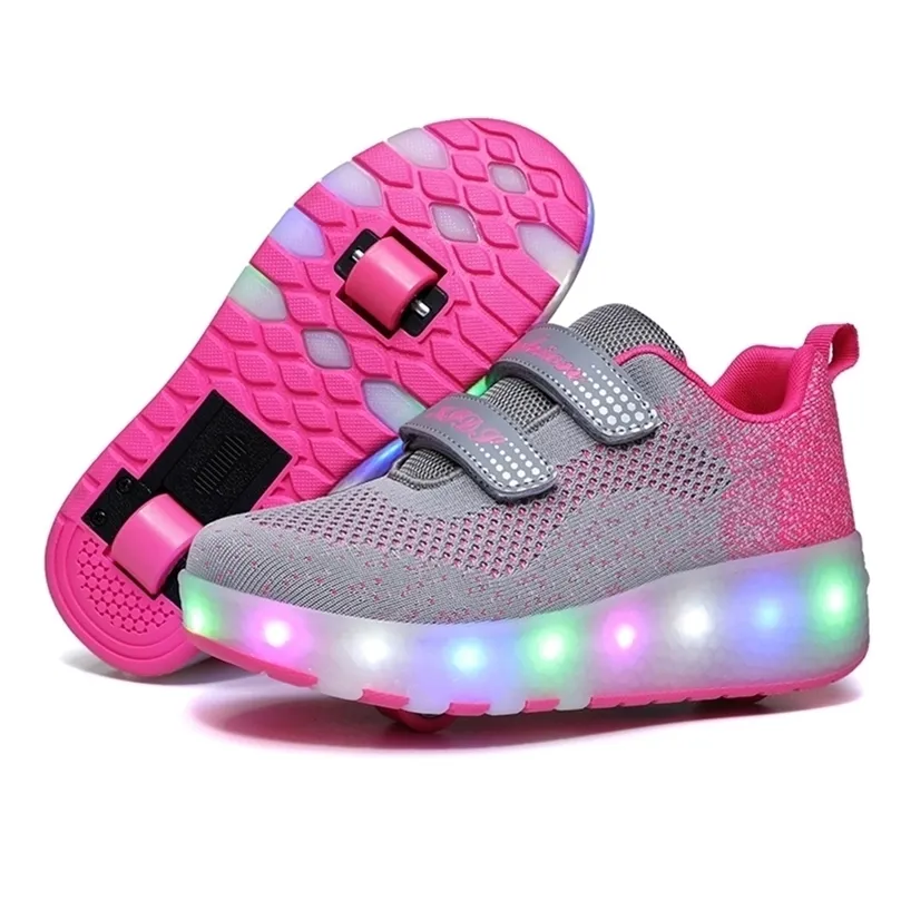 Risrich Kids LED Sapatos esportivos de rolos brilhantes Light Up Sneakers USB com Wheels Kids Rollers Skate Shoes para meninos LJ201202