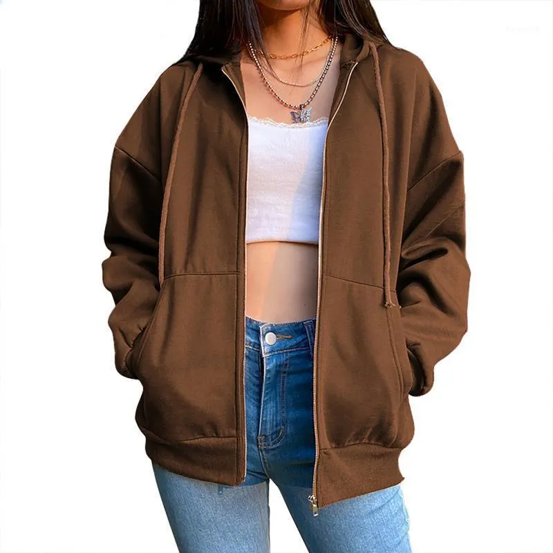 Women's Hoodies & Sweatshirts Biggorange Oversize Zip Up Hoodie Y2K Women Sweatshirt Streetwear Top Brown Jacket Vintage Pockets Long Sleeve