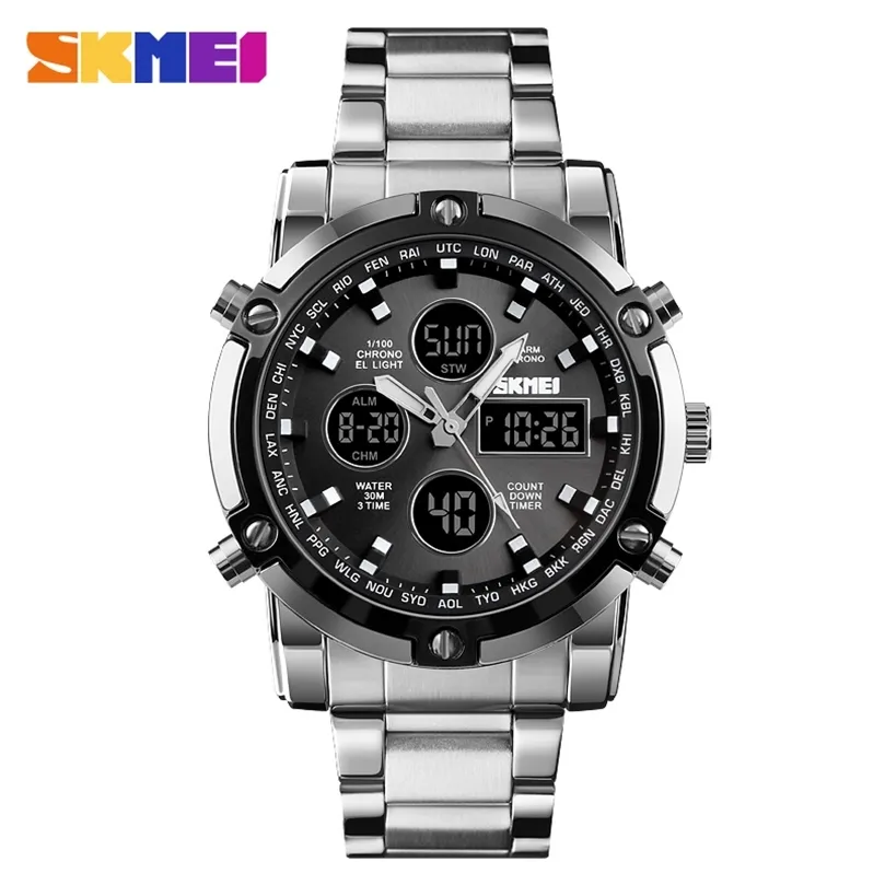 Mode Hommes Montre-Bracelet SKMEI Montre Sport Bracelet Numérique 3 Temps Compte À Rebours Hommes Horloge En Acier Inoxydable Montres Homme D'affaires 220618