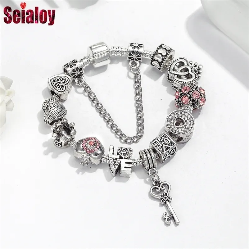 Seialoy Argent Plaqué Coeur Clé Pendentif Charme Bracelets Pour Femme Original Filles Princesse Couronne Bracelet Perlé Femme Bijoux 220727