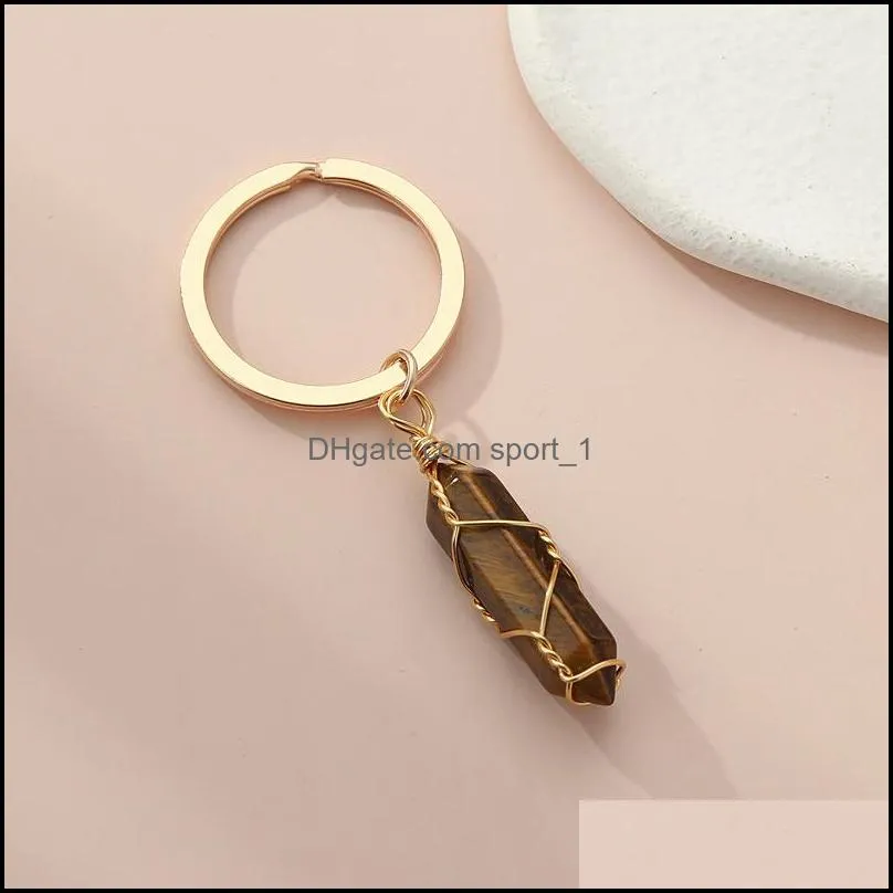 Natural Stone Wire Wrap Hexagonal prism Key Rings Keychains Healing Pink Crystal Car Decor Keyholder for Women Men