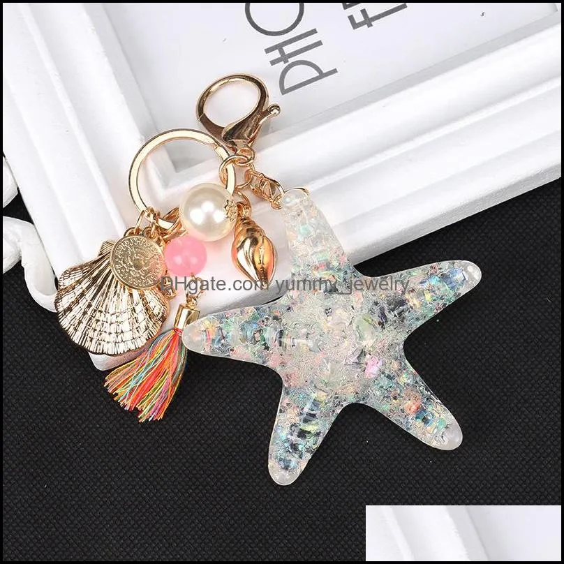 Starfish Car Keychains Key Rings for Girls Women Bag Jewelry Accessories Tassel Conch Shell Pearl Pendant Sea Animal Metal Keyring