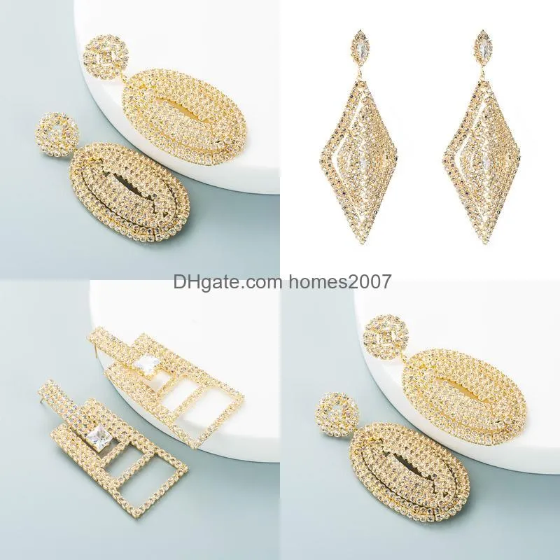 Mode All Match Boucles d'oreilles Stud Bijoux Femme Dangle Lustre Homes2007 Alliage Géométrique Incrusté Diamant Verre Perceuse Femme Personali jllBLG