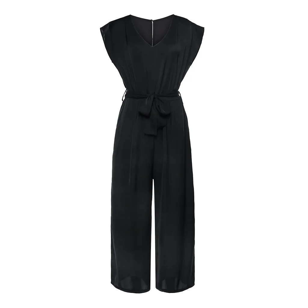 Sommer Frauen Schwarz Plain Overall Mit Gürtel Femme Elegante Ärmellose V-ausschnitt Plissee Body Büro Dame Zipper Overalls