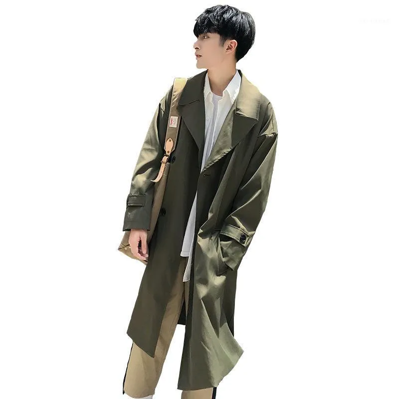 Wiosna Moda Moda Koreański Styl Mężczyźni Trench Mid-Long Windbreaker Loose Casual Coats Solid Color Płaszcz