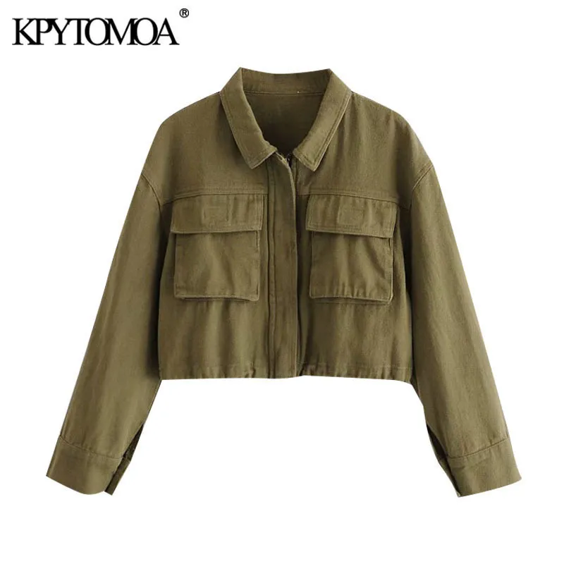 KPYTOMOA Women Fashion With Pockets Cropped Jacket Coat Vintage Long Sleeve Adjustable Hem Female Outerwear Chic Tops 201029