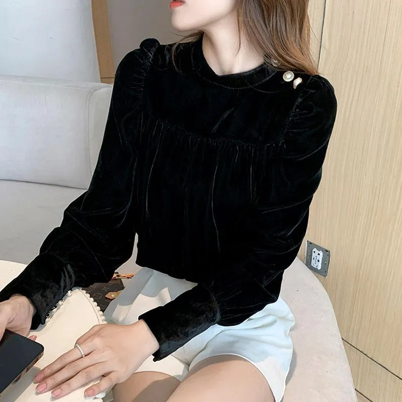Polo da donna Velluto nero Elegante Top Donna Corea Fahsion Button Pure Color Pullover Camicetta 2022 Inverno Vintage Abbigliamento casual Office Lad