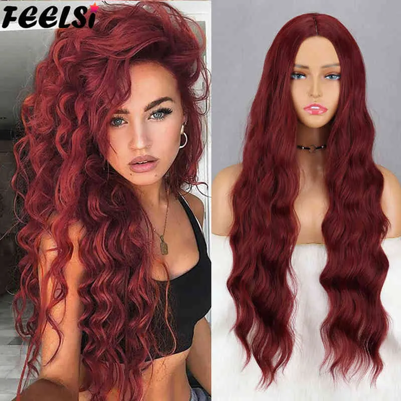 Red Long Water Wave Wig Golden Black Pure Wigs Halloween Cosplay for Women Synthetic Hair Heat Resistant Temperature Fiber 220622