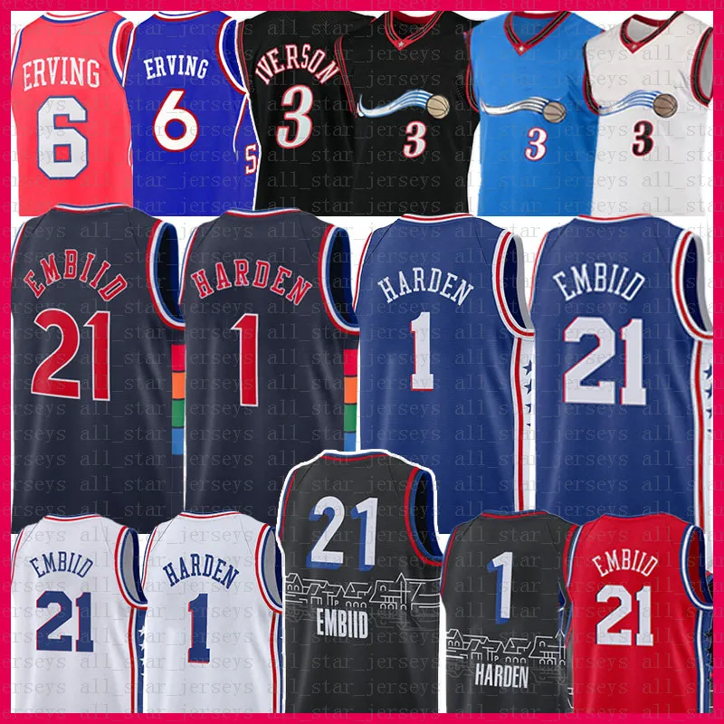 Allen Iverson Joel Embiid 1 James Harden Basketbal Jersey 6 21 3 Julius Erving Jerseys Retro Mesh 2021 Nieuwe Vintage heren Shirts