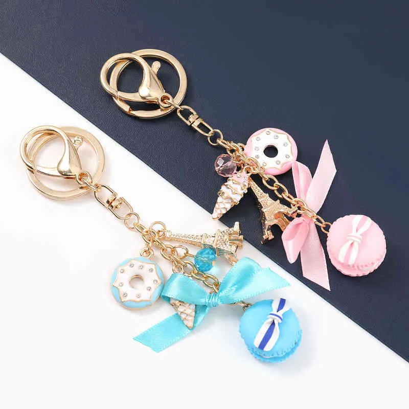 Pauli Manfi Mode Metal Macaron Donut Tower Keychain Kvinnors Populära Ryggsäck Hänge Key Ring Campus Tillbehör AA220318