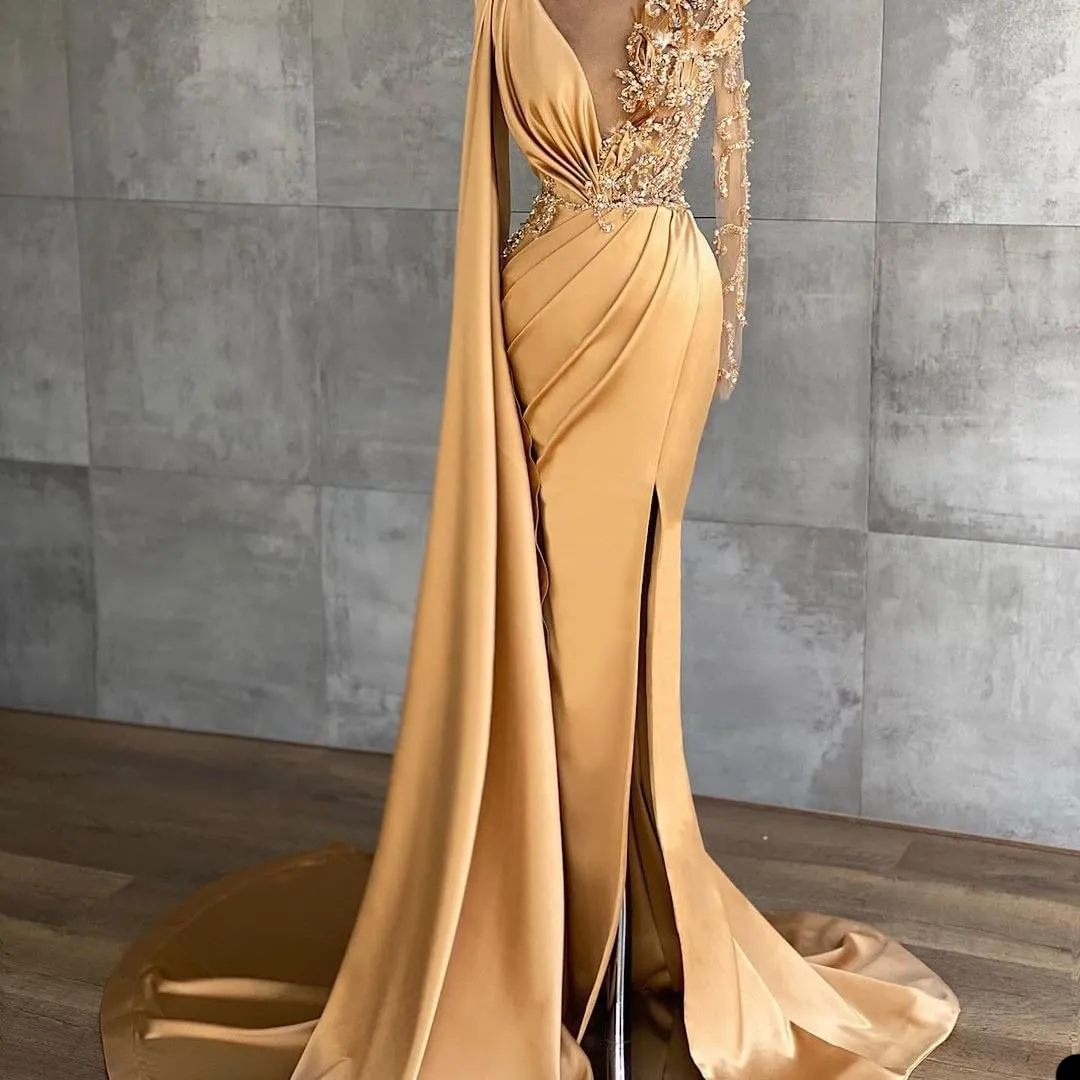 Gold Mermaid Evening Women Long Sleeves Sequins Appliques Beaded Floor Length High Side Split Formal Satin Bow Ruched Prom Dress Plus Size