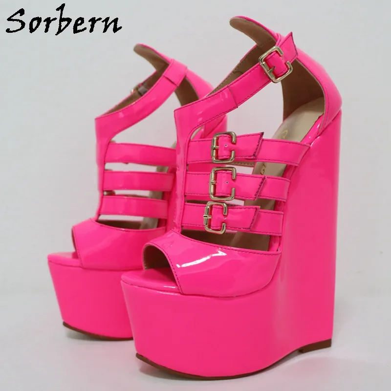 Sorbern Neon Hot Pink Wedges Sandal 20cm High Heel Platform Thick Platform Shoes Super Narrow Sole