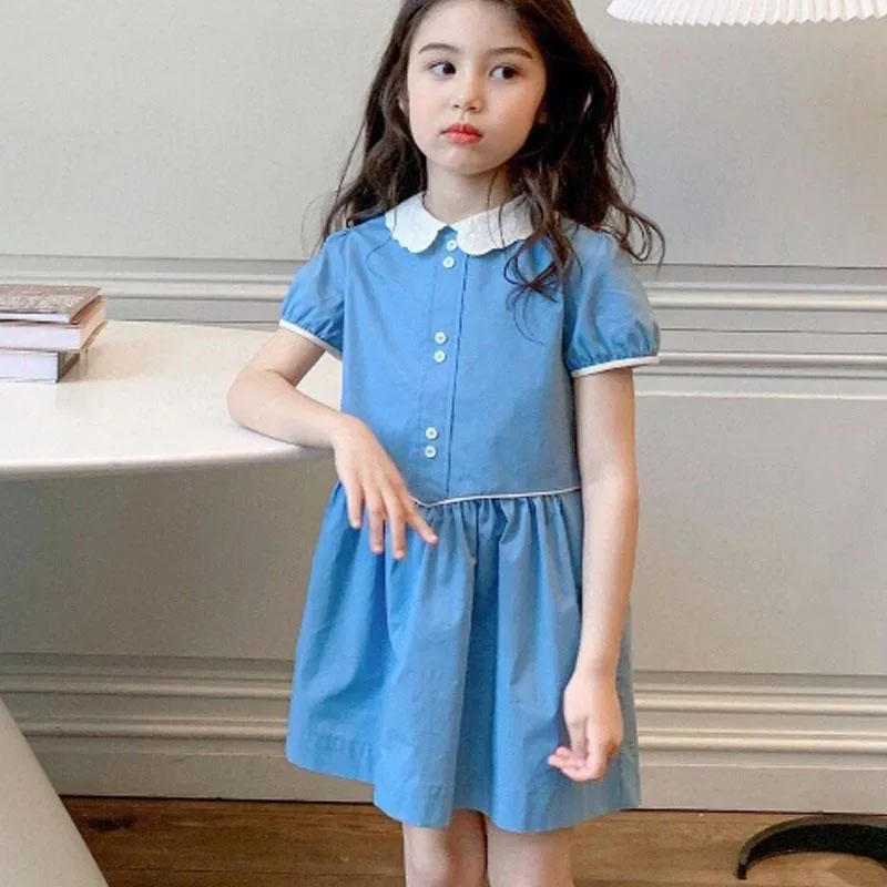 Girl's Dresses Cotton Dress For Girls Short Sleeve Summer Brief Lace Collar Frocks Blue Color Kids Clothes 2-10 Yrs Children Clothing
