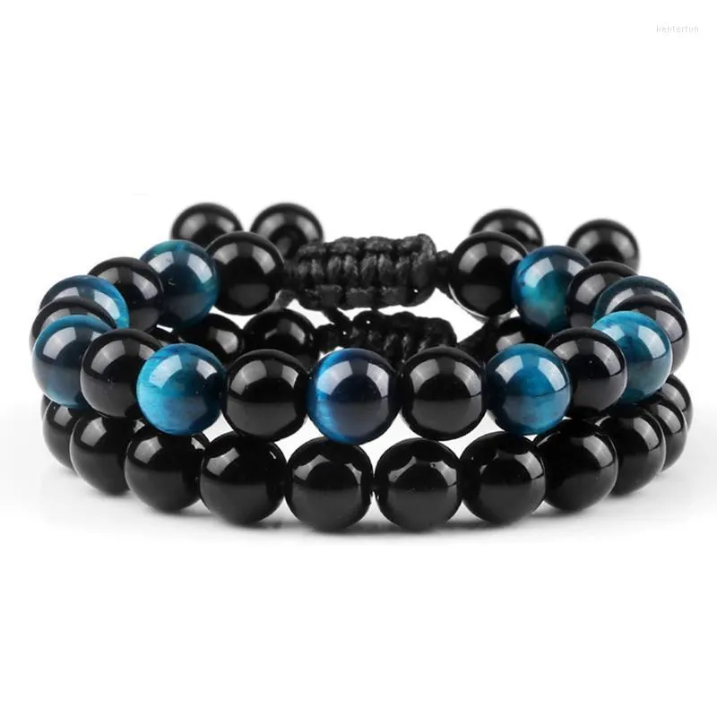 Brins de perles 2pcs hommes bracelets naturel noir onyx multicolore oeil de tigre perles de pierre bracelet tressé à la main pour les femmes couples yoga bijou