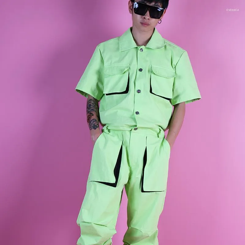 Męskie spodnie kombinezony mężczyźni jasnozielone częściowe fluorescencyjne Zestaw Trójwymiarowy torba Hip Hop Street Dance Costume Drak22