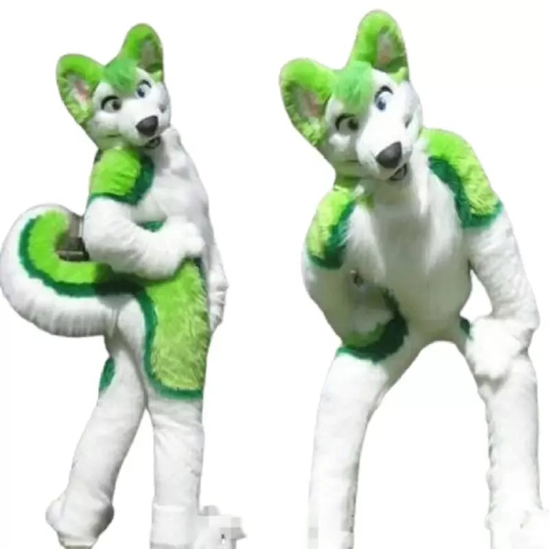 Mascot Costumes Halloween Fursuit Long Fur Fox Green Husky Dog Mascot Costume Suit Party Game Dress Adult Carnival Xmas Easter Adults