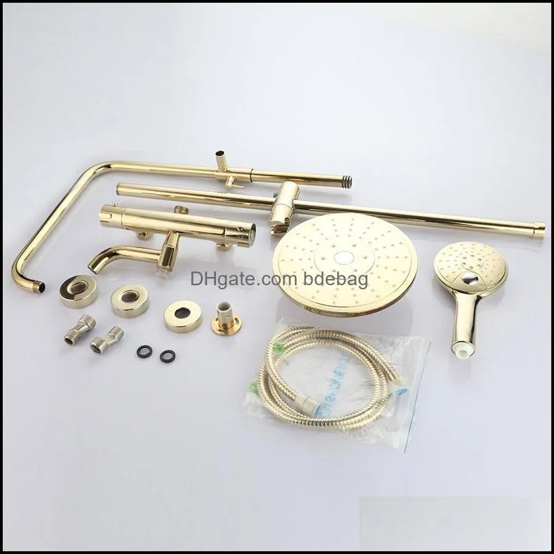 Gold Color Bathroom Thermostatic Control Shower Faucet Set Wall Mounted Round Design Rain Shower Head Brass Material